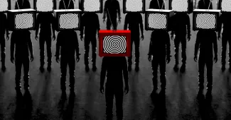 Digital art image of a group of shadowy figures with TVs for heads displaying a hypnotic pattern.